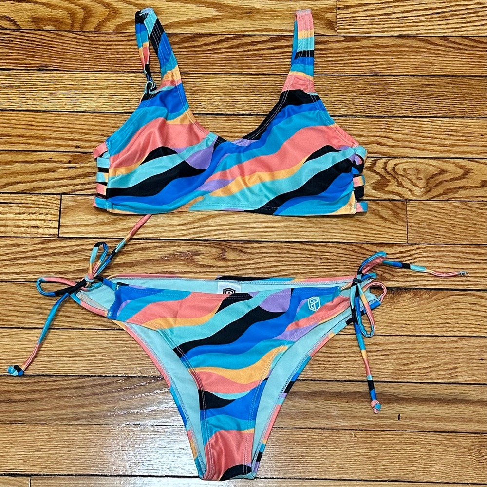 Born Primitive Womens Abstract Wave Bikini Set S Top M Bottom Blue Orange Multi